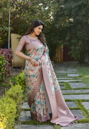 Multi color soft fancy silk saree with digital printed work