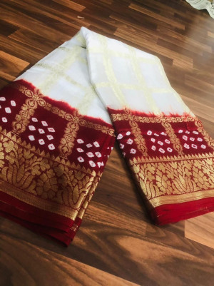 White and red color art silk saree with zari weaving work