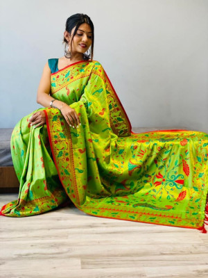 Parrot Green Woven Pure Silk Paithani Saree With Tassels