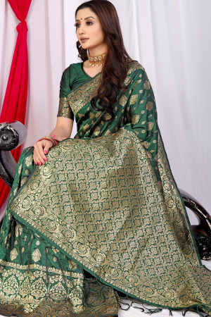 Dark green color banarasi silk saree with zari weaving work