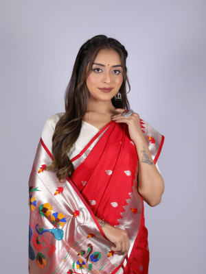 Red color paithani silk saree with zari woven work