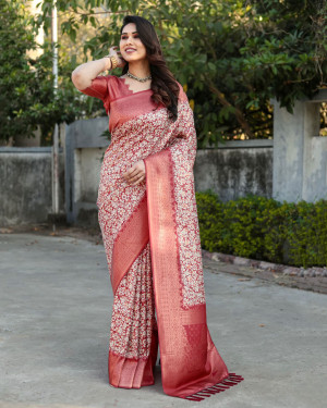 Red color banarasi silk saree with digital printed work