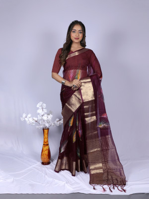 Magenta color soft organza silk saree with foil printed work