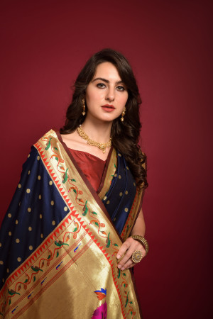 Traditional Bottle-Green Paithani Silk Saree With Red Border