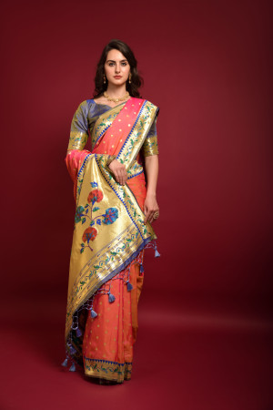 Indigo Blue Paithani Silk Saree With Magenta Border | Buddha and Beyond |  Saree trends, Elegant saree, Saree designs