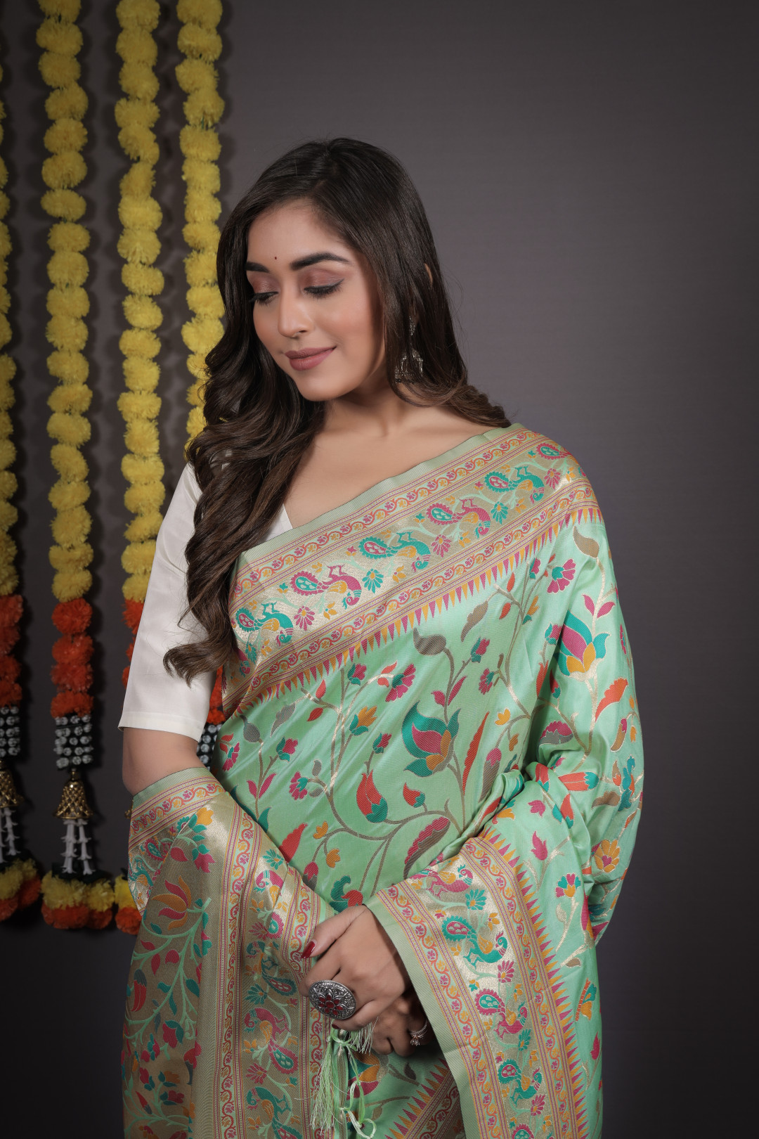 Dark Green Paithani Silk Saree with Zari Weaving, Meenakari Pallu & Double Munia Border