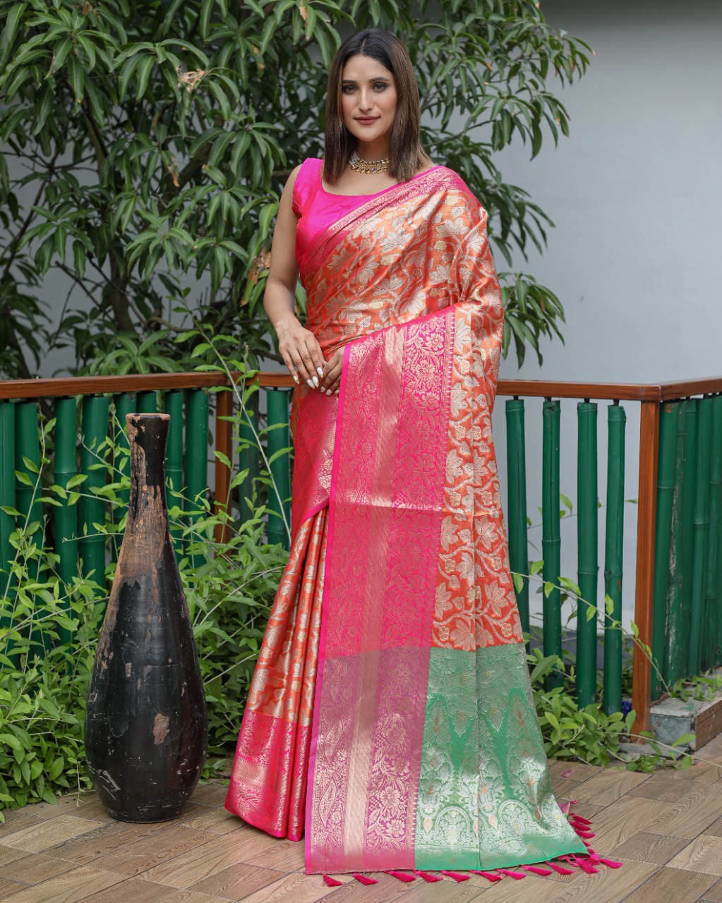 Orange color kanchipuram silk saree with zari woven work