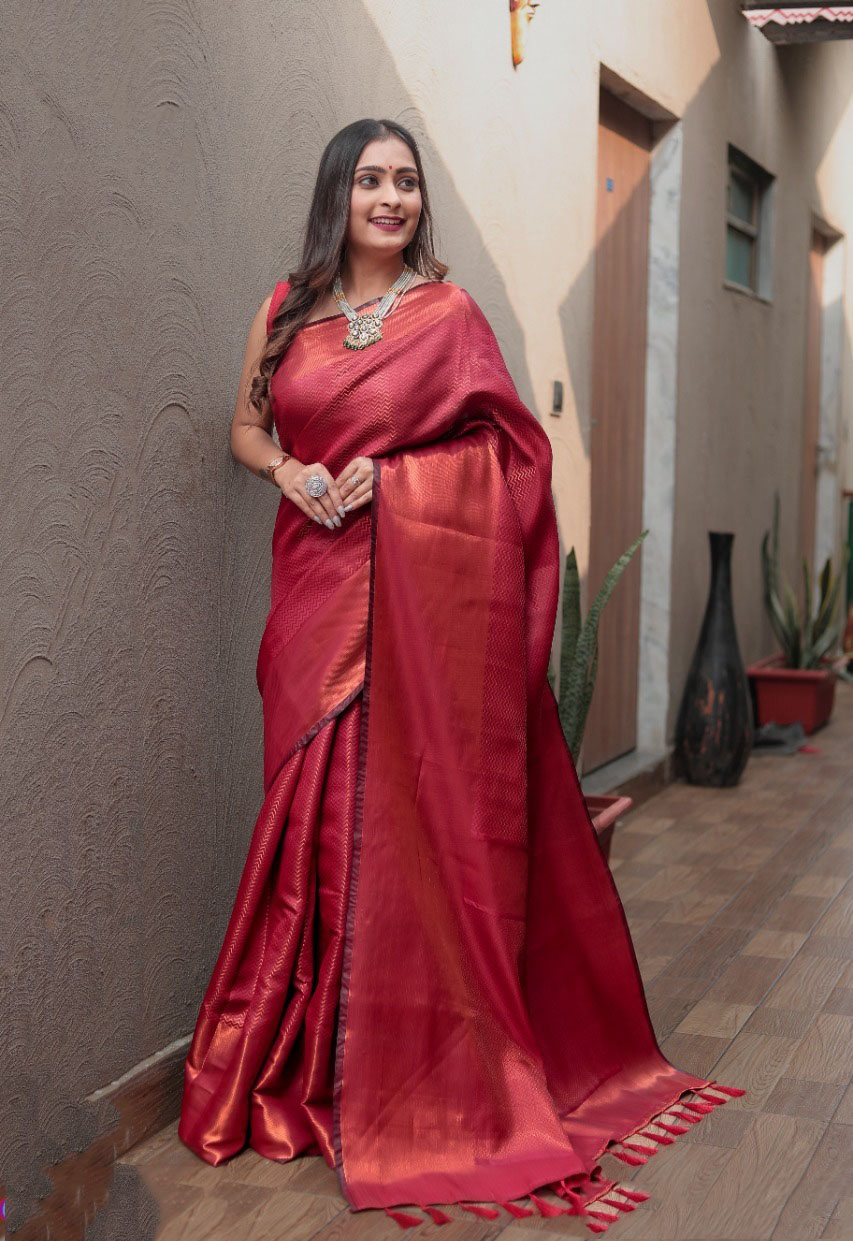 Red color kanchipuram silk saree with zari woven work