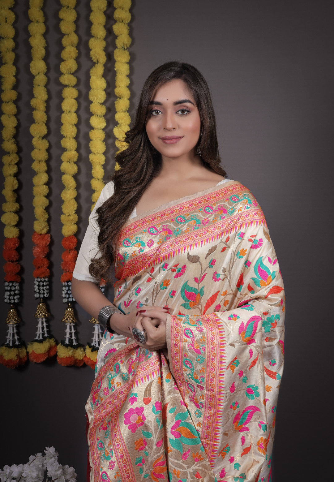 Off White Color Paithani Silk Saree With Zari Weaving Work