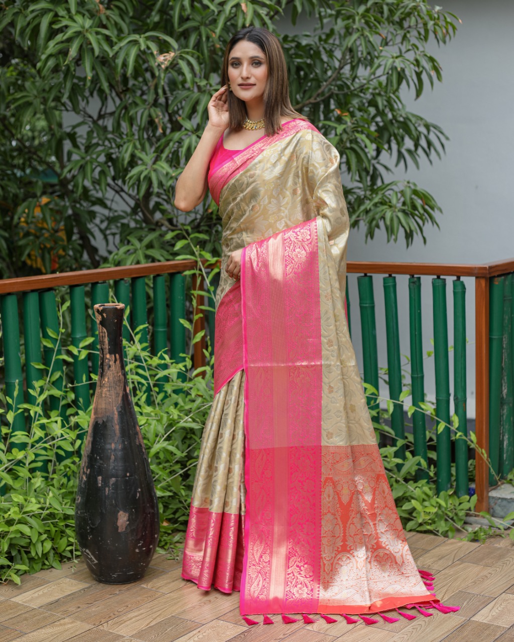 Beige color kanchipuram silk saree with zari woven work