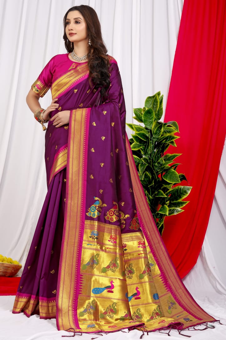 Traditional Magenta Paithani Silk Saree With Orange Border