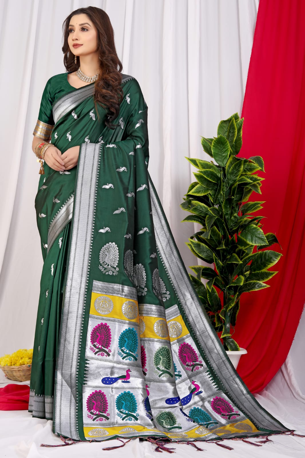 Bottle Green Saree in Soft Silk for women - Clothsvilla