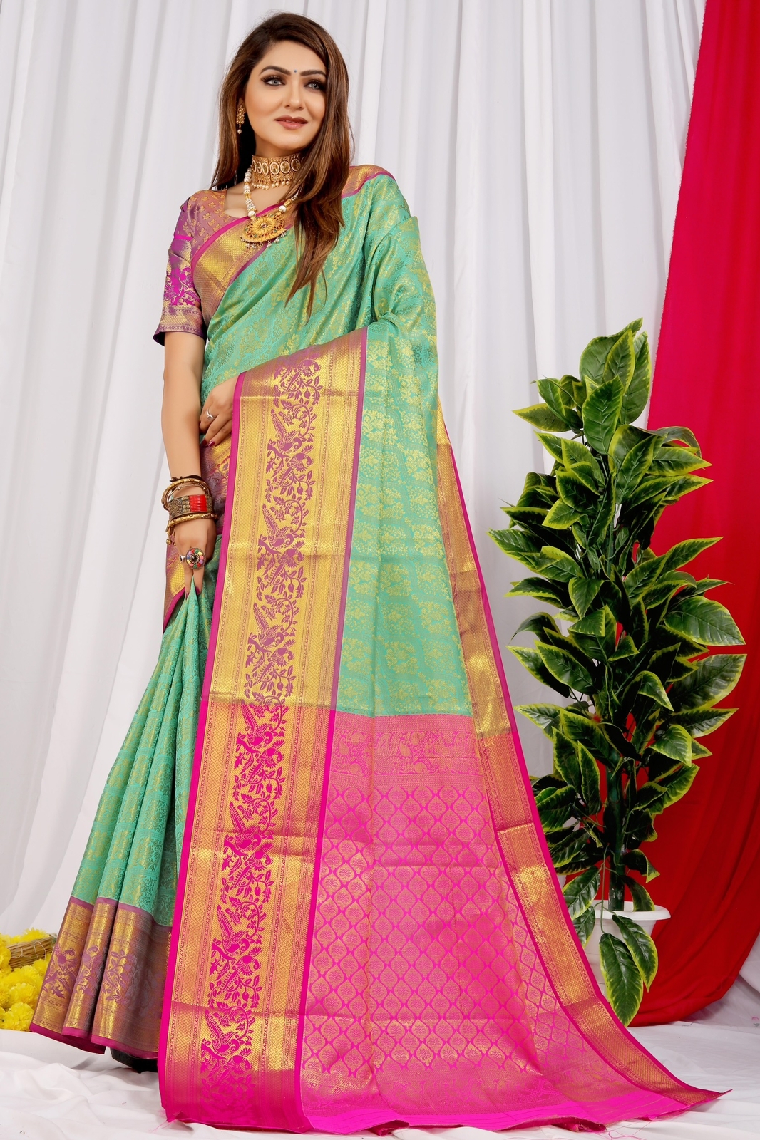 Sea green color kanchipuram silk saree with zari weaving work