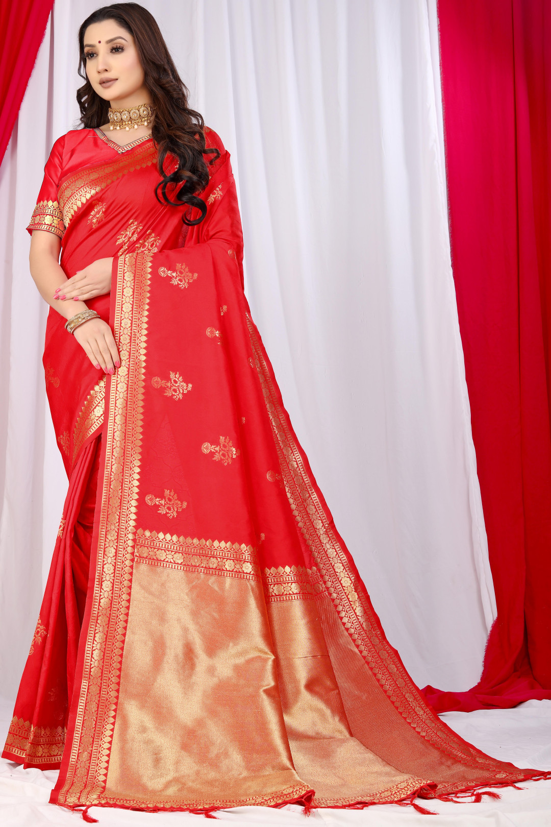Red color banarasi silk saree with zari weaving work