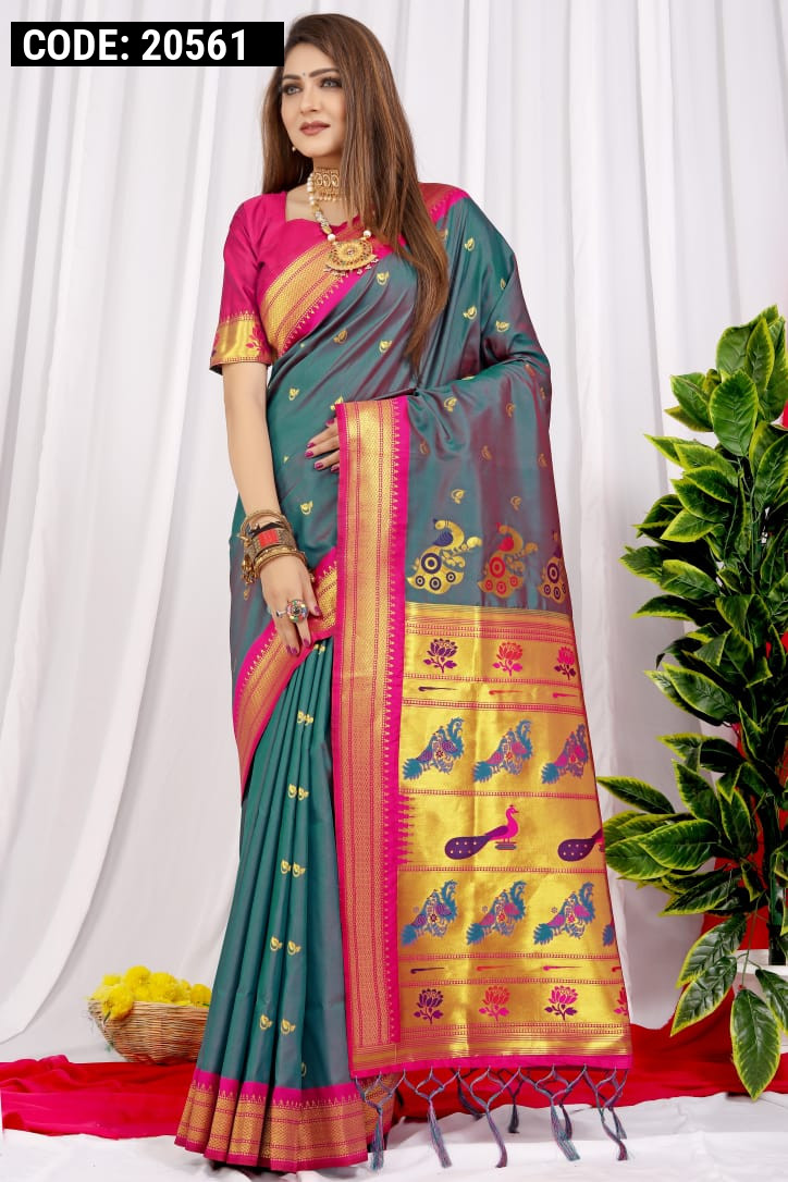 Junglee Green Paithani Silk Woven Pallu Saree With Designer Blouse