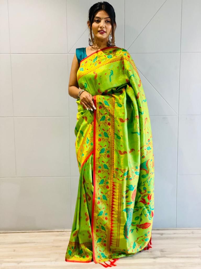 Sangam prints parrot green paithani silk woven work traditional tassels  saree - Sangam Prints - 4269836