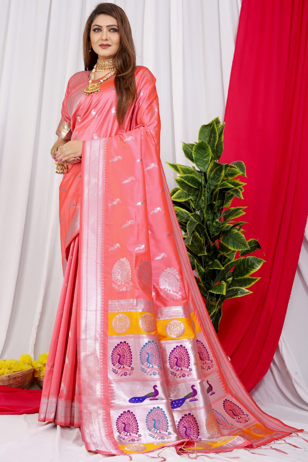 Baby Pink Contrast Blouse Plain Saree in Silk | Pink Silk Saree Online