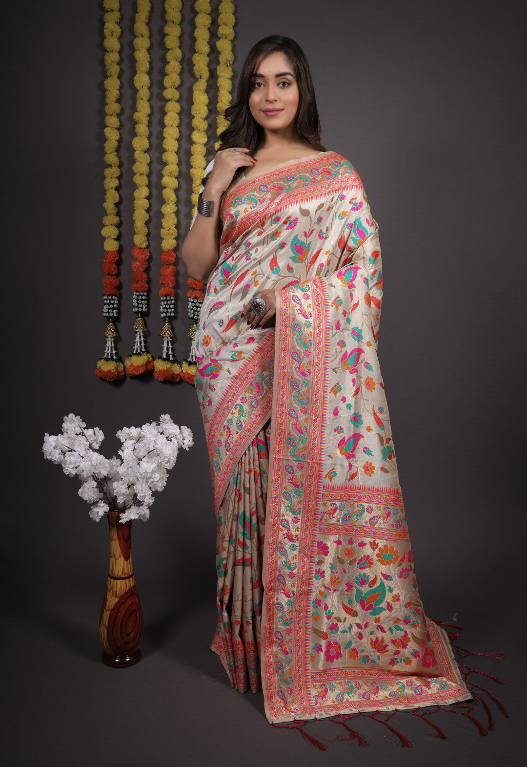 Off white color paithani silk saree with zari weaving work