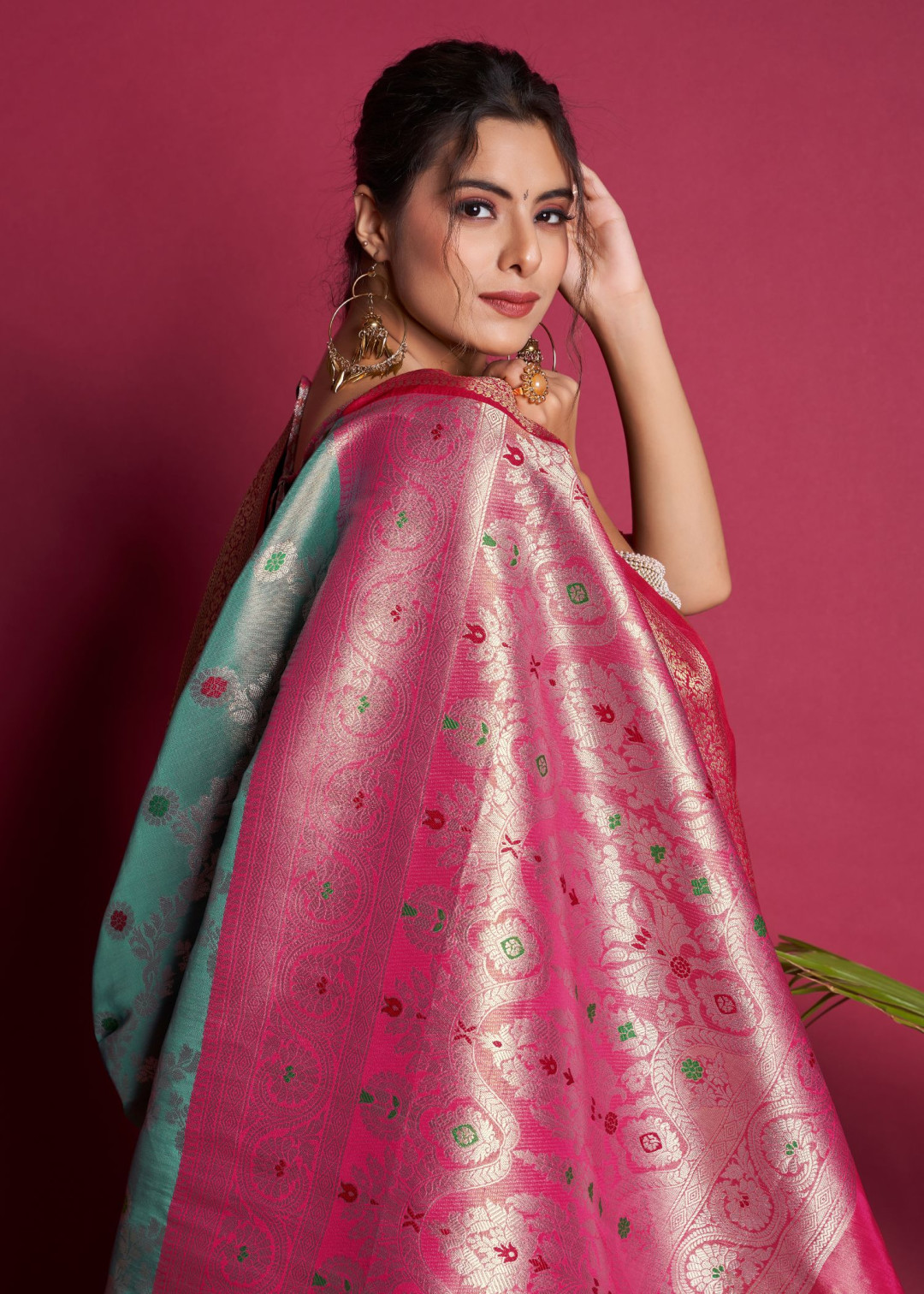 Sea green color banarasi silk saree with zari woven work