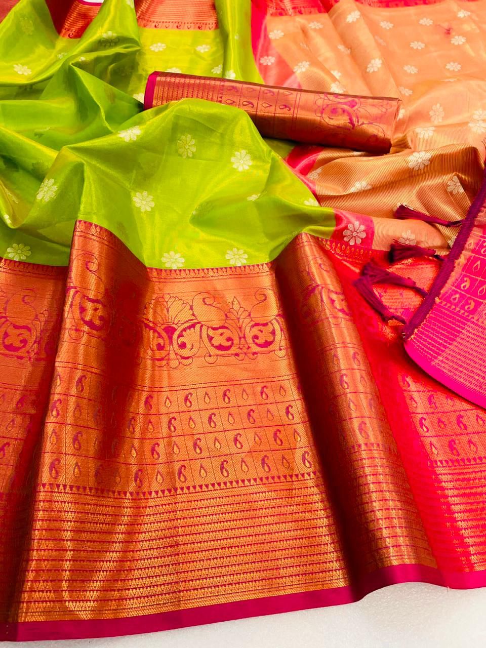 Parrot green color kanchipuram silk saree with zari woven work