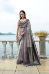 Gray color soft tussar silk saree with zari weaving work