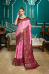 Baby pink color patola silk saree with foil printed work