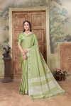 Pista green color linen cotton saree with zari weaving worK