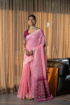 Pink color mulmul cotton saree with zari weaving work