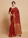 Red color soft linen silk saree with zari weaving work