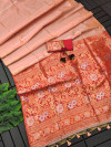 Peach color soft tussar silk saree with zari weaving work
