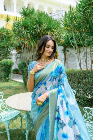 LINEN COTTON SEA GREEN WITH GREEN COLOR CHECKS SAREE – pochampallysarees.com