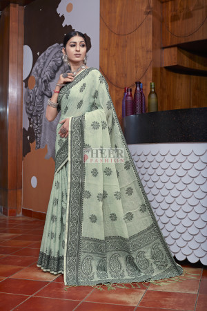 RAAG CREATION Party wear Light Blue Malmal Linen Cotton Saree, With blouse  piece, 5.5 m (separate blouse piece) at Rs 699 in Surat