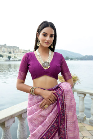 Pink color soft tussar silk saree with zari weaving work