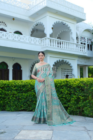 Grey and Cream color Organza sarees with all over heavy copper zari work on  body with