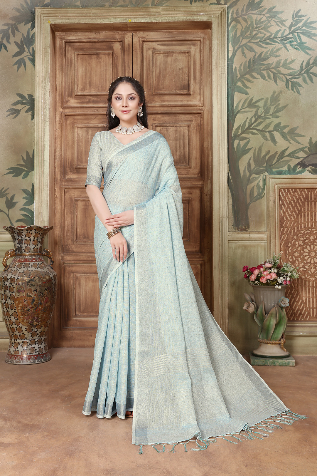 Buy Sky Blue Allover Hand-Embroidered Lucknowi Chikankari Cotton Saree  14929 | www.amgsquare.com