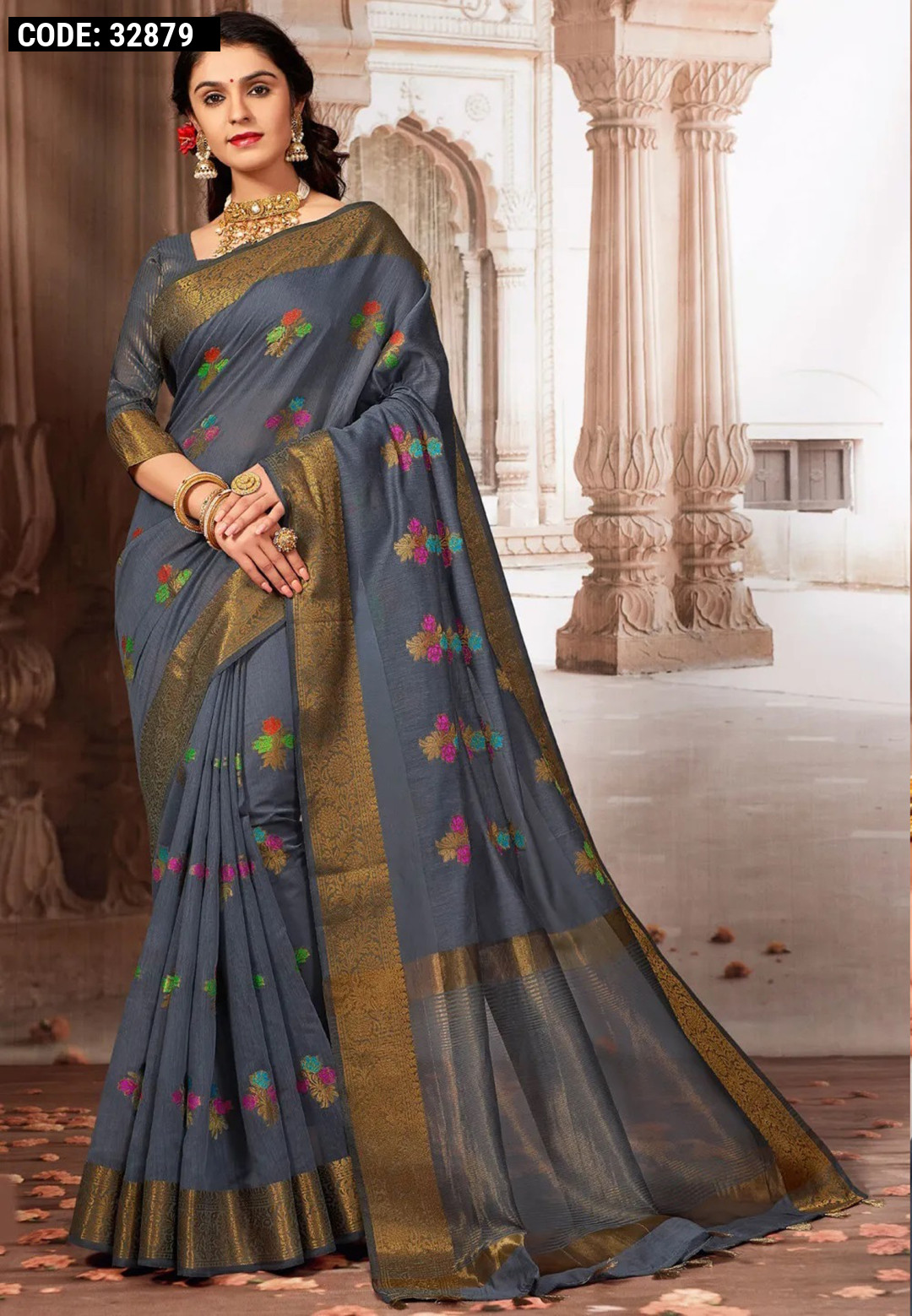 ILKAL Handloom Cotton Silk Saree Gray Color with running blouse - IndieHaat  – Indiehaat.com