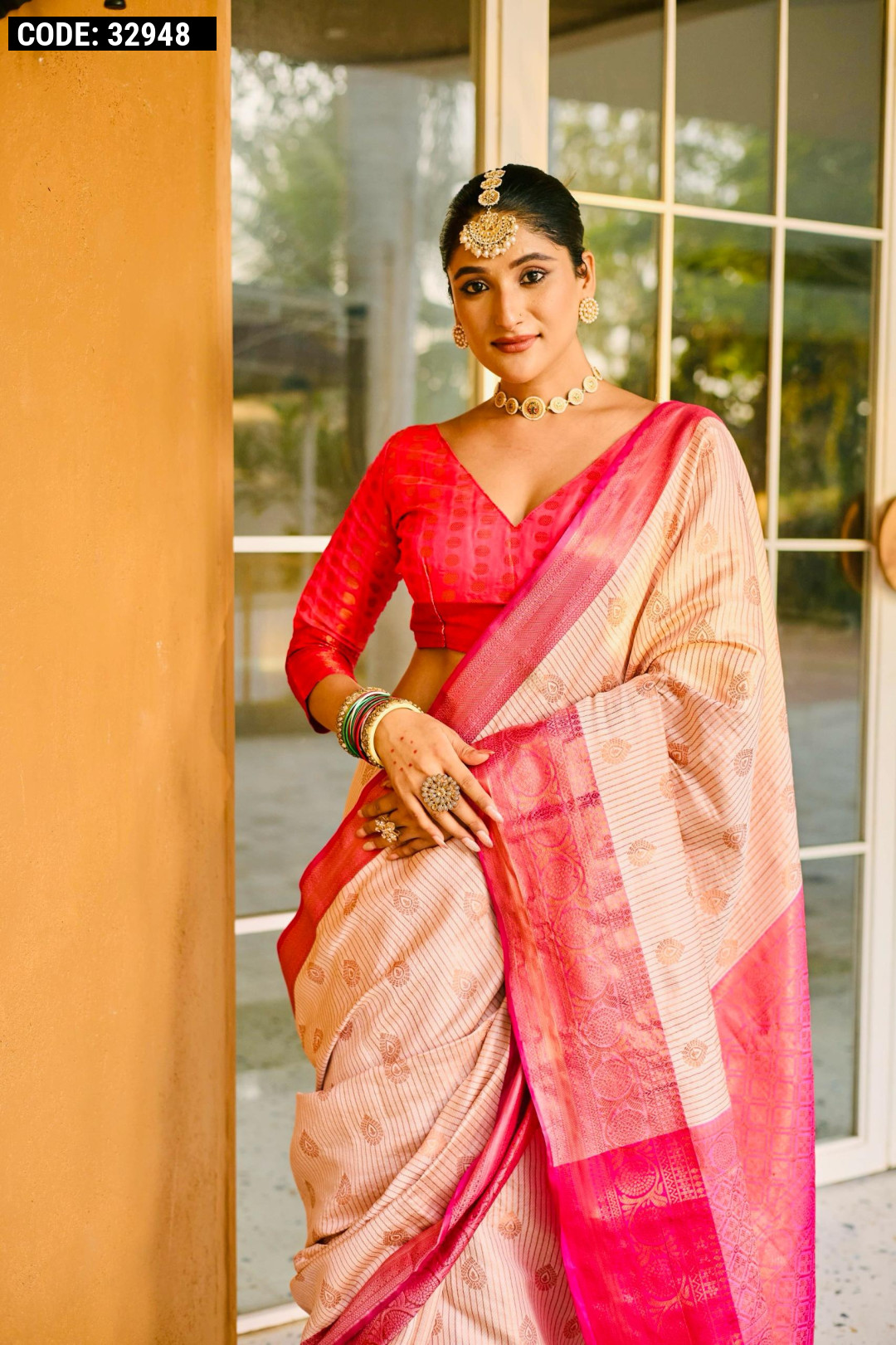 Beige And Red Pure Silk Kanjivaram Saree | Laxmi Style