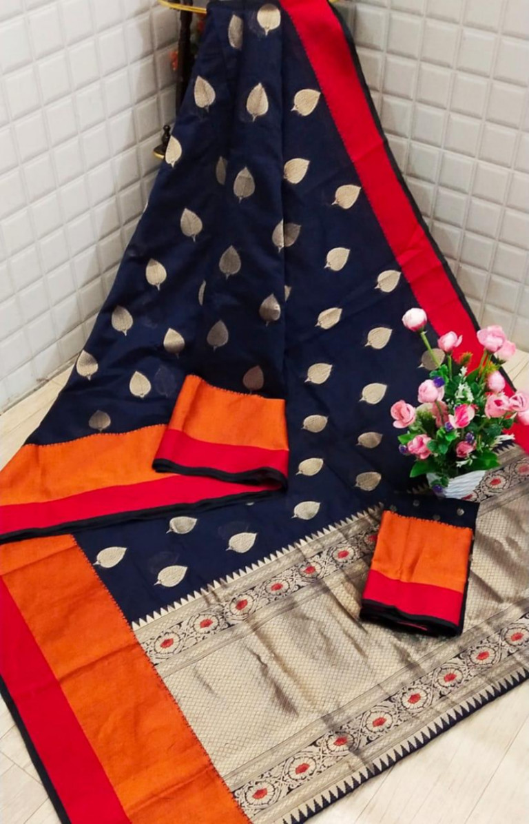 Navy blue color Soft Cotton silk Jacquard work saree