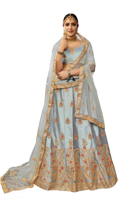 Gray color silk Embroidery work Lehanga