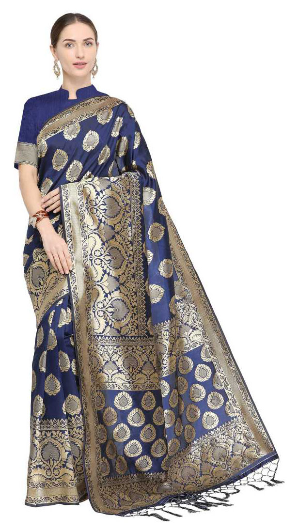 Navy blue color soft cotton silk woven work saree