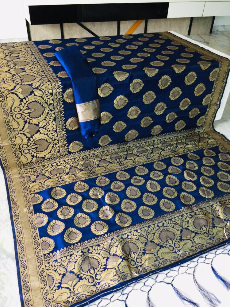 Navy blue color soft cotton silk woven work saree