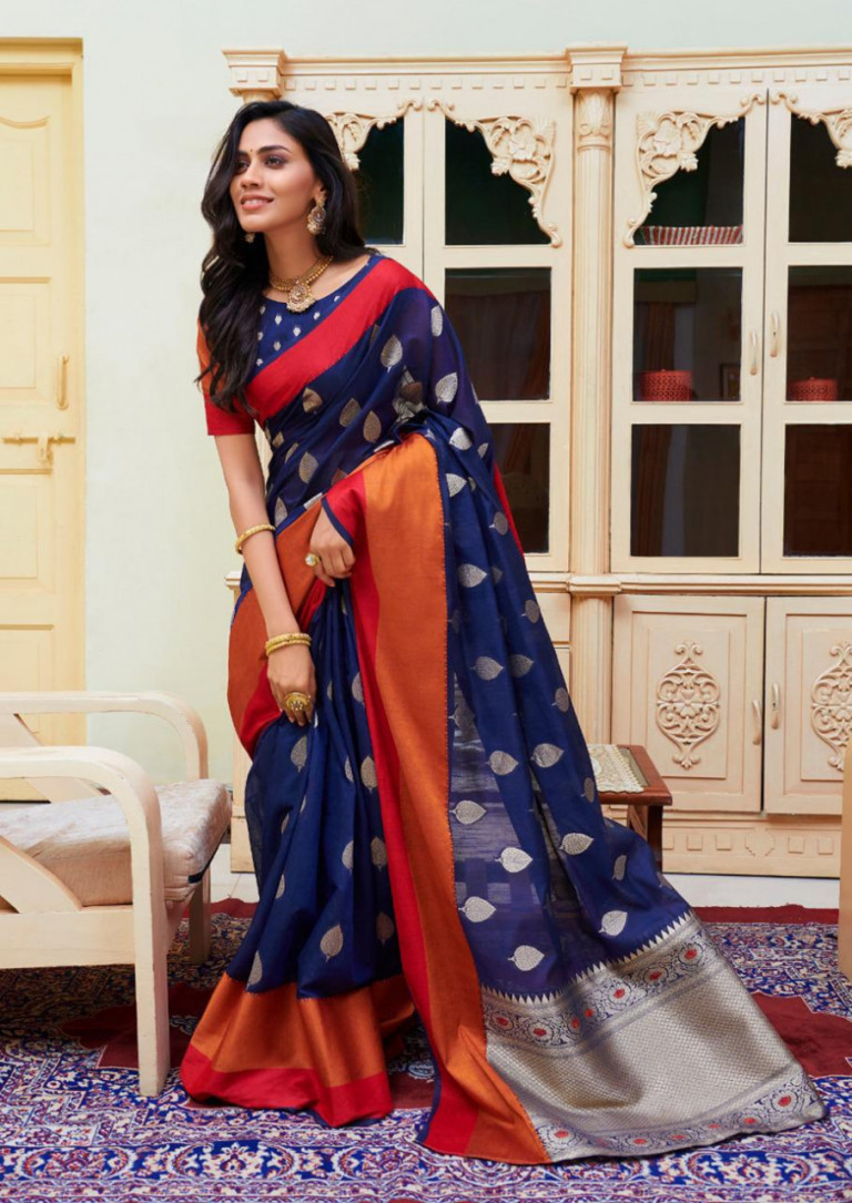 Navy blue color Soft Cotton silk Jacquard work saree