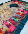 Rama green soft linen cotton saree with kalamkari digital print