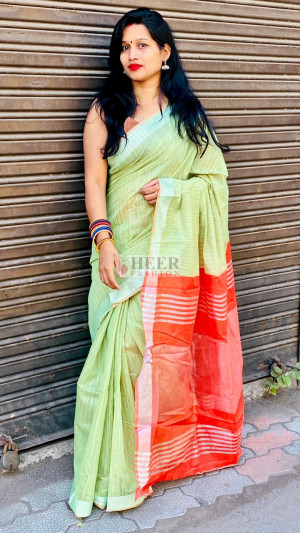 Parrot green color soft cotton saree