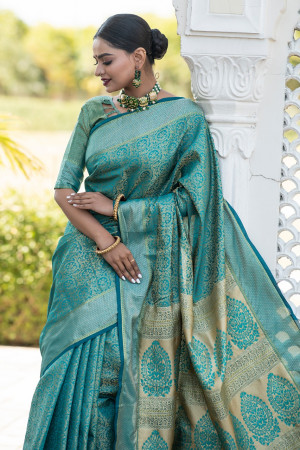 Women's Rama Sky Color Patola Leheriya Rama Blue Woven Silk Saree - TA –  Trendia