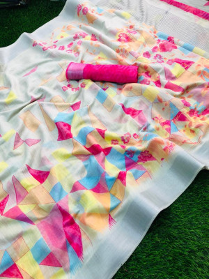 Multi color linen printed saree
