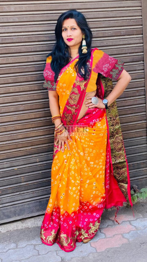 yellow color hand bandhej bandhani saree