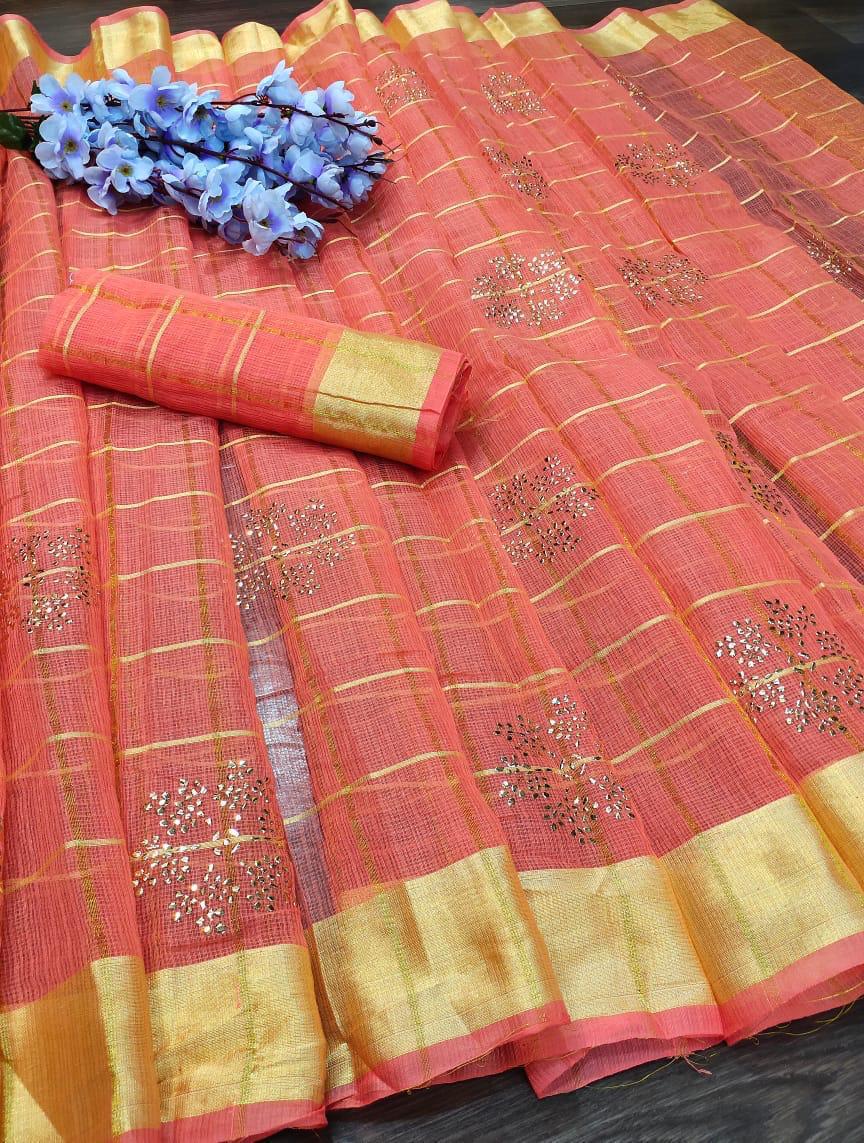 Peach color handloom kota doriya saree with zari woven border