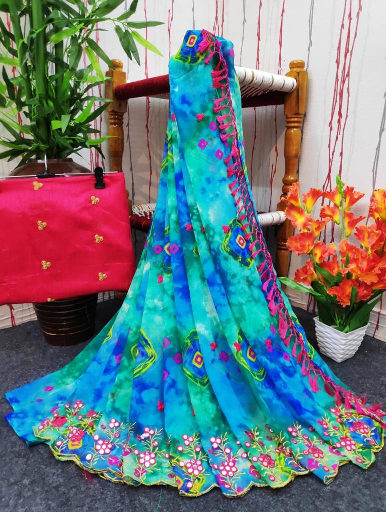 Blue color soft georgette saree with printed and foil embroidery work