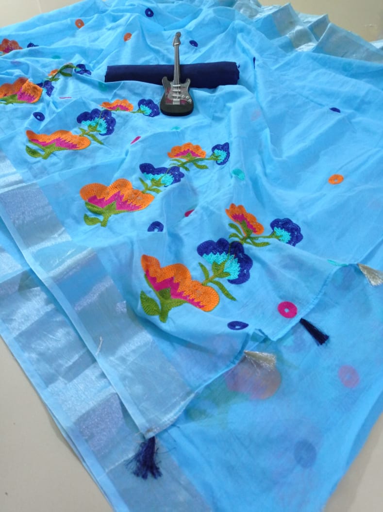 Firoji color semi linen saree with chain stitched work